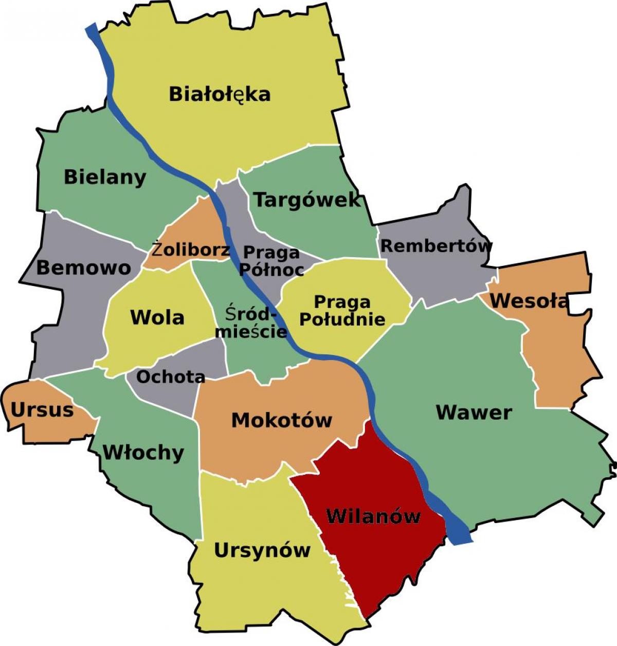 Mapa Varsovian auzoetan 