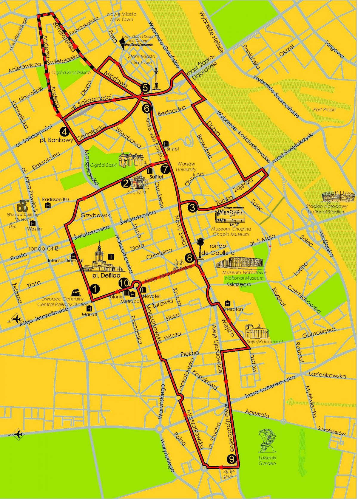 Mapa Varsovian hop-on-hop-off autobusa 